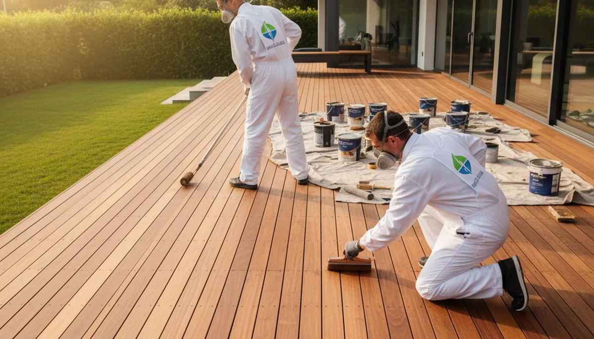 Long Beach, CA deck painting by professional painters applying durable exterior coating